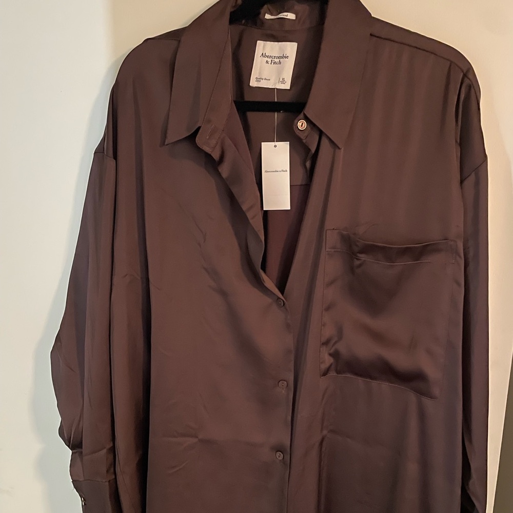 Abercrombie oversized silk button down shirt chocolate brown nwt